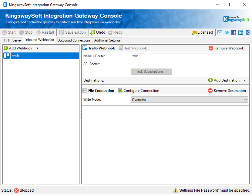 KingswaySoft Integration Gateway Console - Inbound Webhooks - Trello